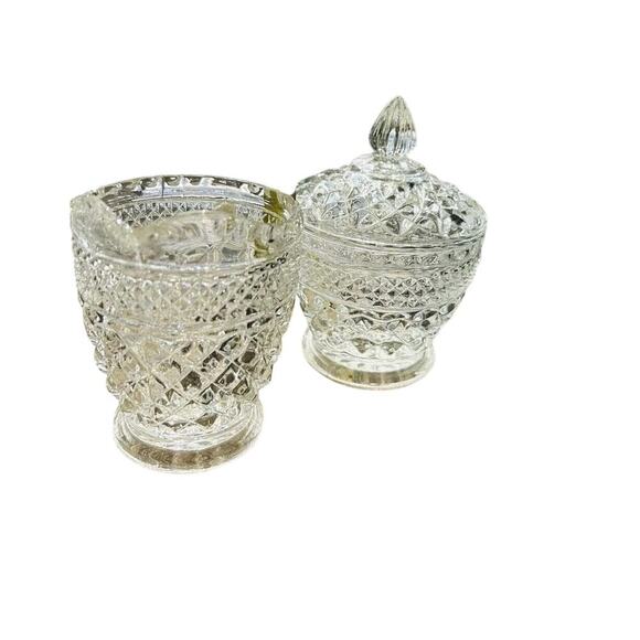 Anchor Hocking Wexford Crystal Clear Cut Glass Cream & Sugar Set Vintage - Picture 4 of 16